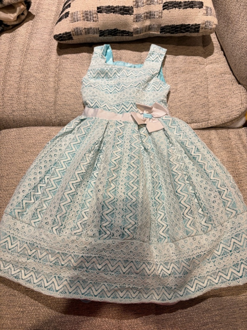 Jona Michelle Light Aqua Lace Fit-and-Flare Dress with Bow